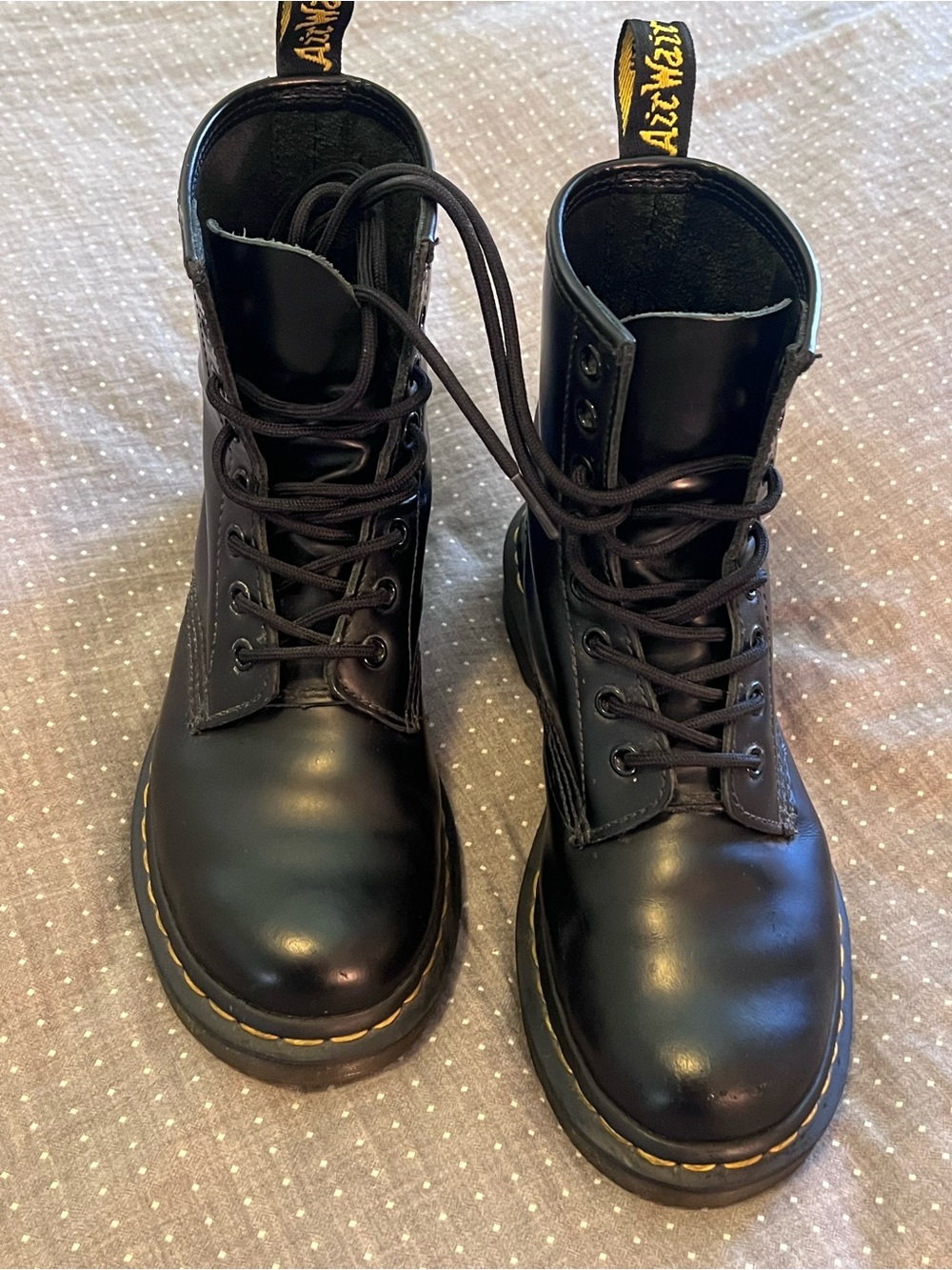 Dr. Martens Black Leather Boots with Yellow Stitching
